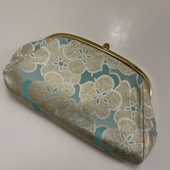 Banana Republic 2005 Silk Evening Clutch Bag Floral Gold Metallic Tiffany Blue - Picture 8 of 9